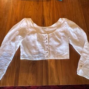 Romantic swoop neck white linen women’s cropped blouse with buttons, corset styl